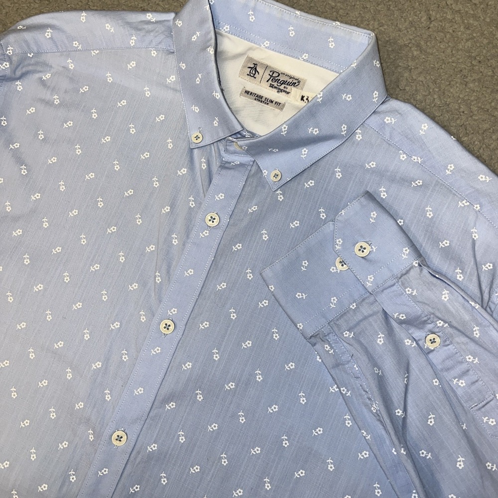 Original Penguin Dress Shirt Men's 16½ 34/35 Blue Floral AOP Heritage Slim Fit
